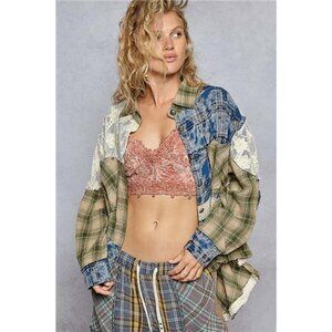 POL Lace Patchwork Plaid Oversized Shirt